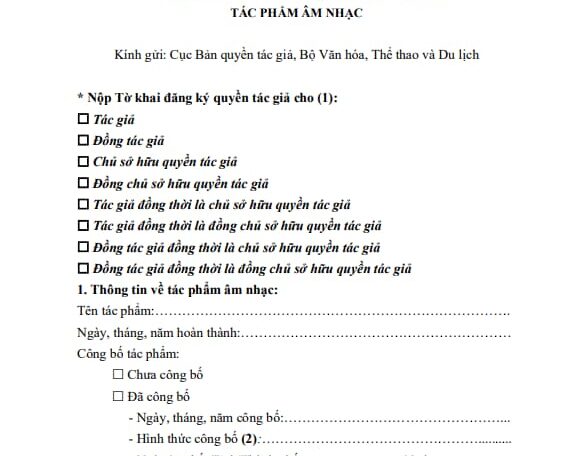 Mẫu đăng ký bản quyền tác phẩm âm nhạc