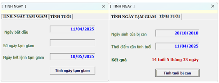(Hình 4: Công cụ tính ngày tạm giam và tuổi của bị can)