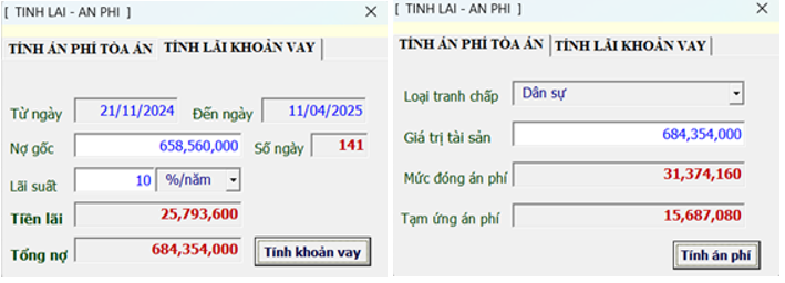 (Hình 3: Công cụ tính lãi vay và tiền án phí)